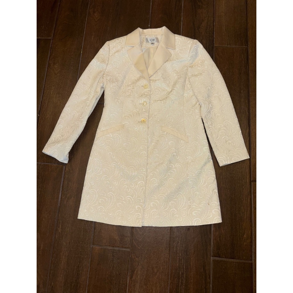 Le Suit Petite Blazer 6P Cream Jacquard Paisley Longline Formal Dress Coat